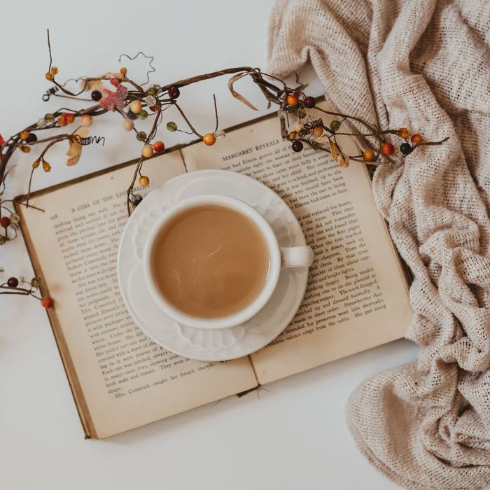 Cup of Coffee Sitting on a Book Next to a Branch and Cozy Blanket