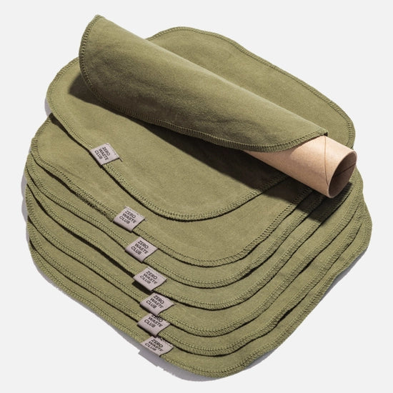 Olive green stack of reusable paper towels made from organic cotton.