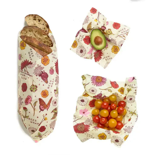 Bee's Wrap Plant-Based Assorted 3 Pack Meadow Print Showing Food