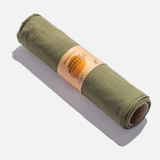 Olive green roll of reusable paper towels made from organic cotton.